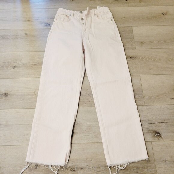 Zara Women's Light Pink Denim Straight Leg Jeans Frayed Hem & Button Fly Sz 4 - Picture 1 of 8